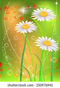 Beautiful camomiles with hearts. Vector of spring background with gradient and radiance.