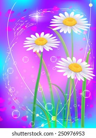Beautiful camomiles with hearts. Vector of spring background with gradient and radiance.