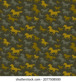 Beautiful camouflage horse silhouette seamless pattern. Abstract modern vector military backgound. Fabric textile print tamplate