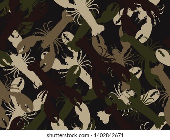 Beautiful camouflage lobster silhouette seamless pattern. Abstract modern vector military backgound. Fabric textile print tamplate