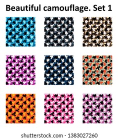 Beautiful camouflage set. Covers with flat geometric pattern. Cool colorful backgrounds. Applicable for Banners, Placards, Posters, Flyers. Eps8 vector template.