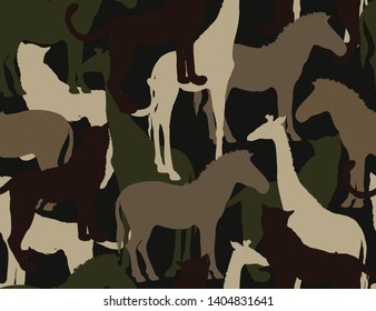 Beautiful camouflage zebra, giraffe, leopard  silhouette seamless pattern. Abstract modern vector military backgound. Fabric textile print tamplate