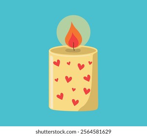 Beautiful candle, card. Burning wax cozy candle, flame. Fire, hearts, isolated colored background. Element for holiday, decor, coziness. Valentine's day. Flat illustration.