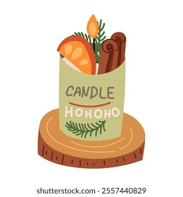 Beautiful candle. Festive home decor. Cozy burning candle for the Christmas holidays. Modern hand-drawn vector illustration. Flat style. Isolated on a white background.