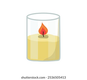 Hermosa vela en tarro de cristal. Vela acogedora de cera ardiente, llama. Fuego. El fondo blanco. Elemento interior del hogar para vacaciones, decoración, decoración, comodidad. Ilustración plana. Fondo aislado.