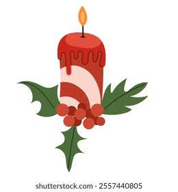 Beautiful candle with a sprig of rowan. Festive home decor. Cozy burning candle for the Christmas holidays. Modern hand-drawn vector illustration. Flat style. Isolated on a white background.