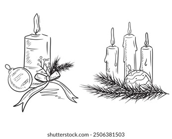 Beautiful candles with a pine branch and Christmas tree ball toy in black isolated on white background. Hand drawn vector sketch illustration in doodle vintage engraved style. Merry christmas