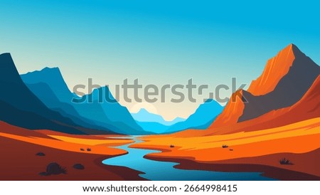 Beautiful canyon mountains and river at sunset. Vector illustrative landscape with stunning mountains and river on the background of amazing sunset. Landscape with red mountains and river.