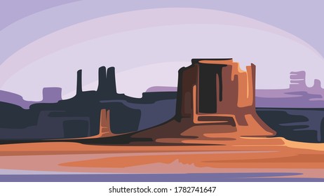 Beautiful canyon with red mountains. Nature scenery in cartoon style.