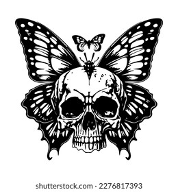 Beautiful and captivating Hand drawn line art illustration of a skull head and butterfly, evoking a sense of transformation and beauty in the face of darkness