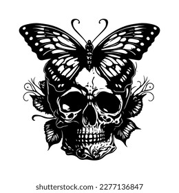 Beautiful and captivating Hand drawn line art illustration of a skull head and butterfly, evoking a sense of transformation and beauty in the face of darkness