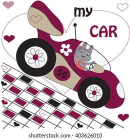 beautiful car the koala is sitting in him with hearts and lines vector illustration