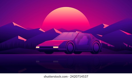 A beautiful car stands on the evening sunset and abstract mountains background.