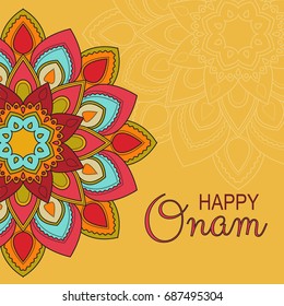 Beautiful card, banner or poster of a colourful rangoli or pookalam for Onam celebration.