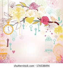 Beautiful card with birdcages, clock, keys, peonies.