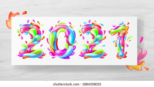 Beautiful card bright 2021, painted with paints. New Year's card drawn by paints on paper. Greeting card on a wooden table.
