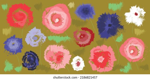 Beautiful card with bright multi-colored flowers on a green background. Hand drawn flowers. Summer elegant drawing. Template for paper, textile,wallpaper,background.