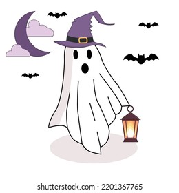 Beautiful card with cartoon characters. Ghost with lantern, moon, clouds, bats. Isolated on white