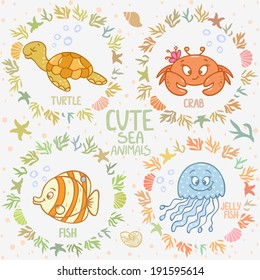 Beautiful card with cartoon cute fish, jellyfish, turtle, and crab, in sea frame