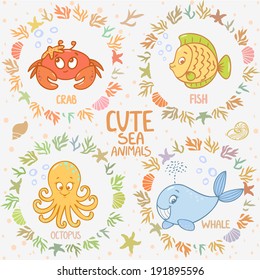 Beautiful card with cartoon cute fish, whale, octopus, and crab, in sea frame