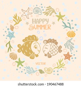 Beautiful card with cartoon cute and smiling fish in sea frame