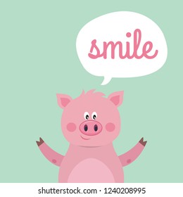 Beautiful card with cartoon pig and text cloud on blue background. Vector banner in flat style.