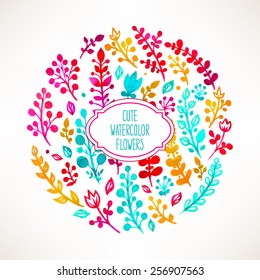 Beautiful card with a circle of watercolor flowers and place for text