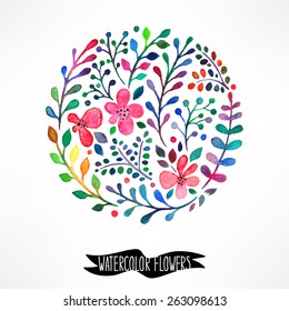 Beautiful card with a circle of watercolor flowers and place for text