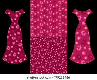 Beautiful card with collection of female dresses with verbena and cosmos flowers and two seamless floral pattern on Red Wine background. Fashion design.