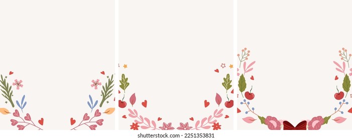 Beautiful card with colorful flowers, leaves, berries, hearts and stars all around. A collection of wreaths for greeting cards, invitations to weddings, birthdays, etc. Vector.