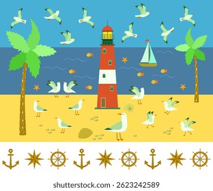 A beautiful card with a cute cartoon seascape. Sea, coast, lighthouse, seagulls, yacht, fish and a border with a stylized compass, anchor and steering wheel. Print for a napkin, rectangular pillow.