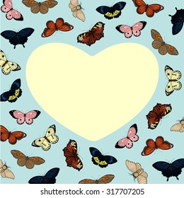 Beautiful card with cute colorful butterflies and heart-shaped place for your text or photo