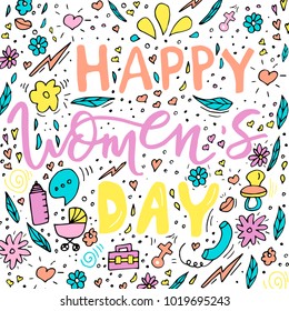Beautiful card design for happy women's day celebration. Postcard for business woman, mother, girl, lady with flowers and female accesories. Vector.