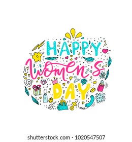 Beautiful card design for happy women's day celebration. Postcard for woman, mother, girl, lady with flowers, presents and female accesories. Vector.