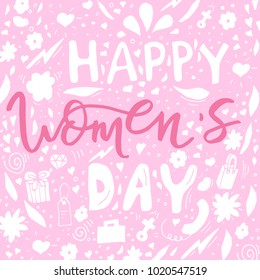 Beautiful card design for happy women's day celebration. Postcard for woman, mother, girl, lady with flowers, presents and female accesories. Vector.