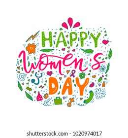 Beautiful card design for happy women's day celebration. Postcard for woman doctor, mother, girl, lady with flowers and female accesories. Vector.