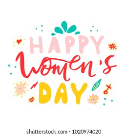 Beautiful card design for happy women's day celebration. Postcard for business woman, mother, girl, lady with flowers and female accesories. Vector.