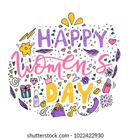 Beautiful card design for happy women's day celebration. Postcard for woman, mother, girl, lady with flowers, presents and female accesories. Vector.