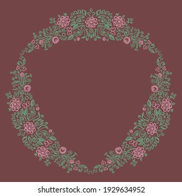 Beautiful card design round summer wreath of flowers leaves, folk art floral ornament Vintage elegant romantic retro wedding invitation, copy space, ink texture. Pink green burgungy background. Vector