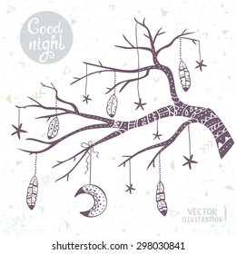 Beautiful card with doodle silhouette tree branch with star, moon and feathers. Stylish illustration in tribal style.