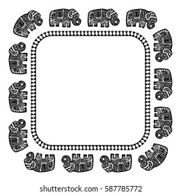 Beautiful card with Elephant Indian with ornaments. Square frame for your text. Hand drawn banner template with ethnic Elephant. Black contour isolated on white background. Vector