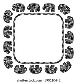 Beautiful card with Elephant Indian with ornaments. Square frame for your text. Hand drawn banner template with ethnic Elephant. Black contour isolated on white background. Vector