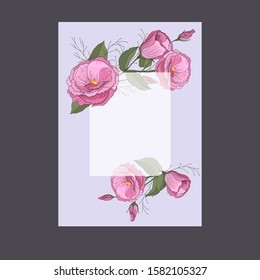 
Beautiful card with eustoma flowers on a lilac background.