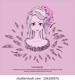 Beautiful card with Feather and girl. Frame of feather, girl with flowers, fashion girl, made in vector. Perfect cards, for any other kind of design, birthday and other holiday. Bright illustration.