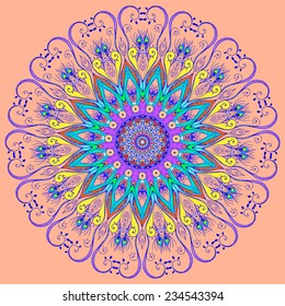 Beautiful card with Feather. Card of mandala in vector, cards or for any other kind of design, birthday and other holiday.Bright illustration. Pattern with peacock, background, kaleidoscope, india