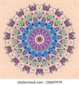 Beautiful card with Feather. Card of mandala in vector, cards or for any other kind of design, birthday and other holiday.Bright illustration. Pattern with peacock, background, kaleidoscope, india