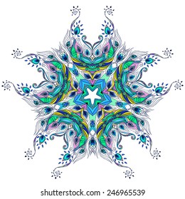 Beautiful card with Feather. Card of mandala in vector, cards or for any other kind of design, birthday and other holiday.Bright illustration. Pattern with peacock, background, kaleidoscope, India
