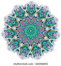 Beautiful card with Feather. Card of mandala in vector, cards or for any other kind of design, birthday and other holiday.Bright illustration. Pattern with peacock, background, kaleidoscope, India
