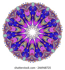 Beautiful card with Feather. Card of mandala in vector, cards or for any other kind of design, birthday and other holiday.Bright illustration. Pattern with peacock, background, kaleidoscope, India