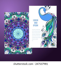 Beautiful card with Feather. Card of mandala in vector, cards or for any other kind of design, birthday and other holiday.Bright illustration. Bird   peacock, background, kaleidoscope, india